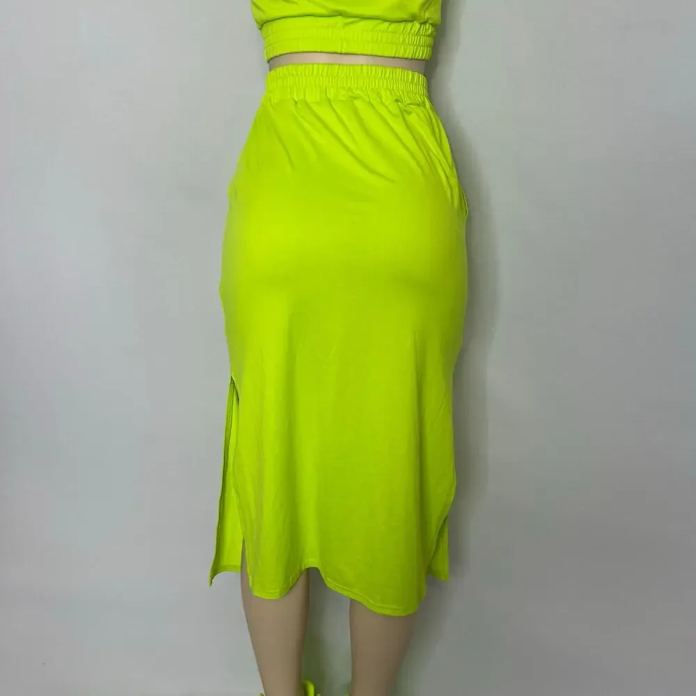 SHEIN Neon Lime Green Two-Piece Crop Top & Midi Skirt Set Women’s Size Small